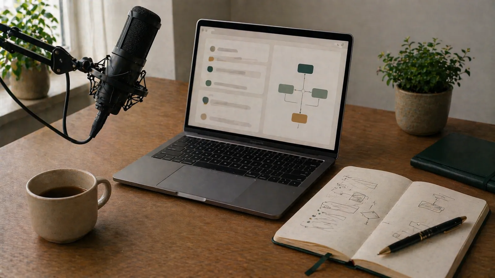 Portátil, micrófono y cuaderno de flujos de trabajo que representan proyectos secundarios asistidos por IA