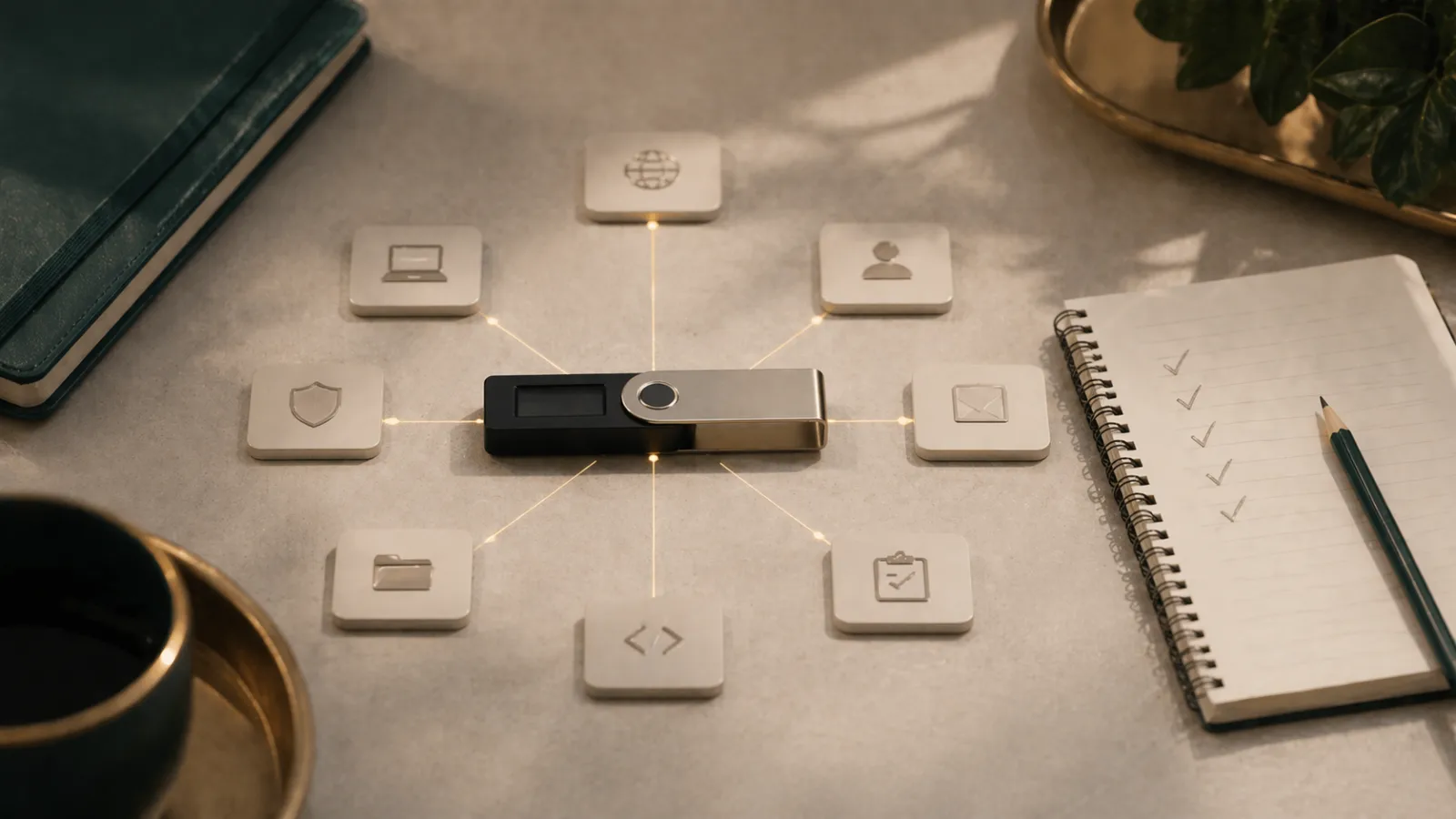 Monedero hardware con líneas que irradian hacia fichas y una lista de verificación que representan la higiene de airdrop farming