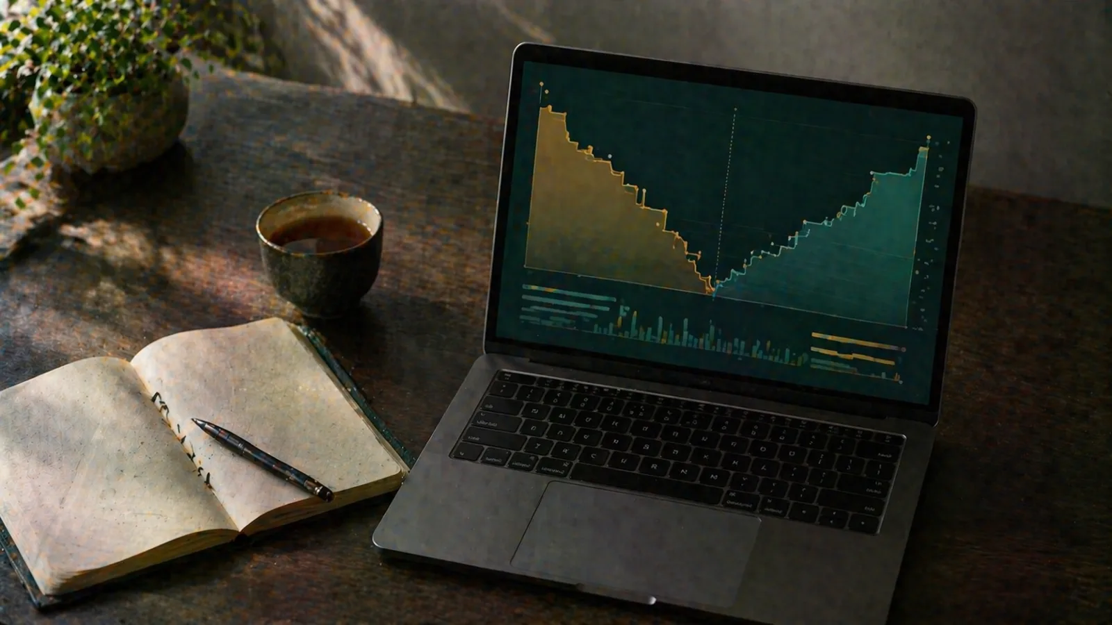 Gráfico de profundidad de mercado y cuaderno que representan las ventajas de las casas de apuestas asiáticas