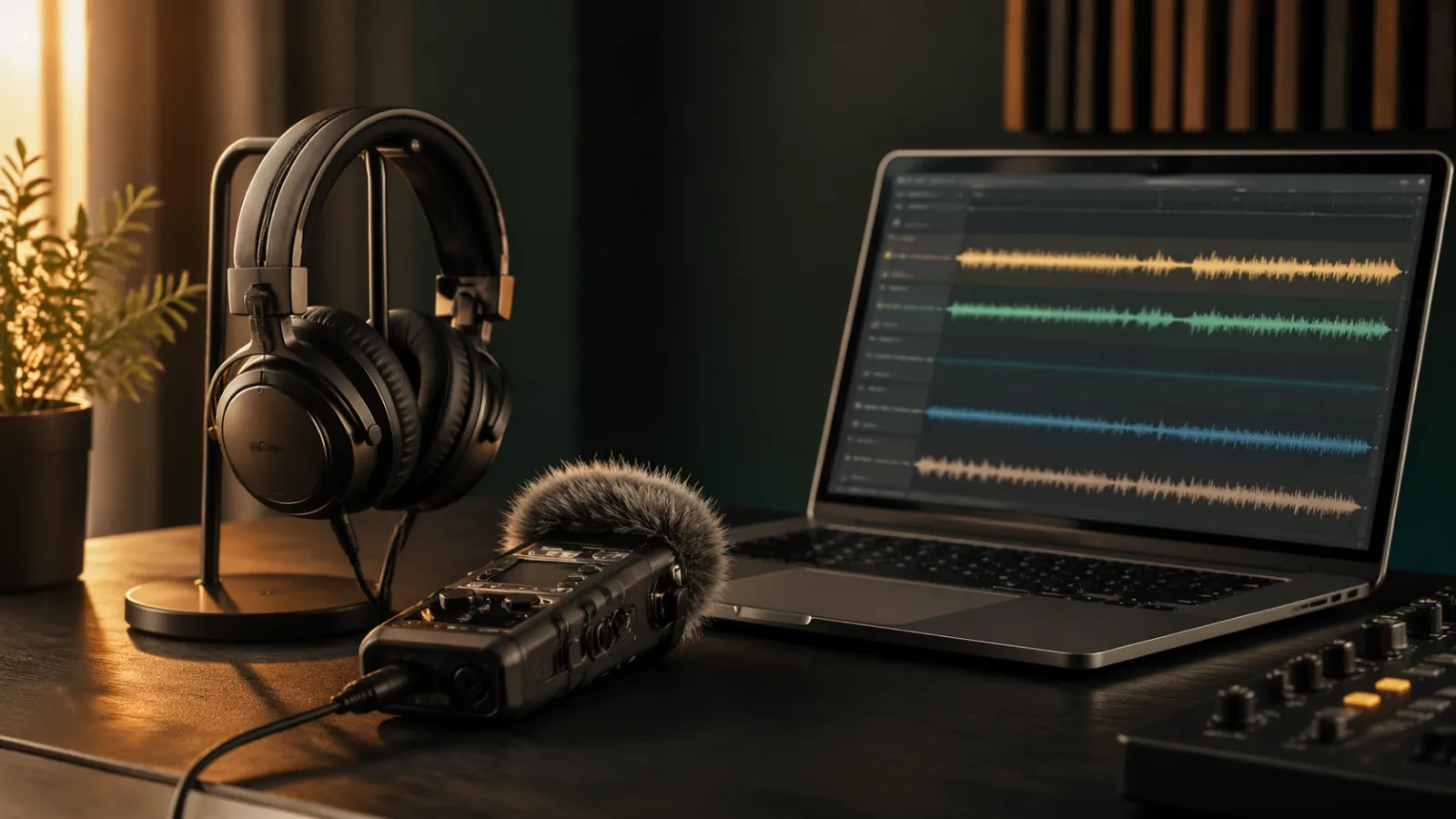 Grabadora de campo, auriculares y estación de trabajo con formas de onda que representan la venta de muestras de audio de nicho