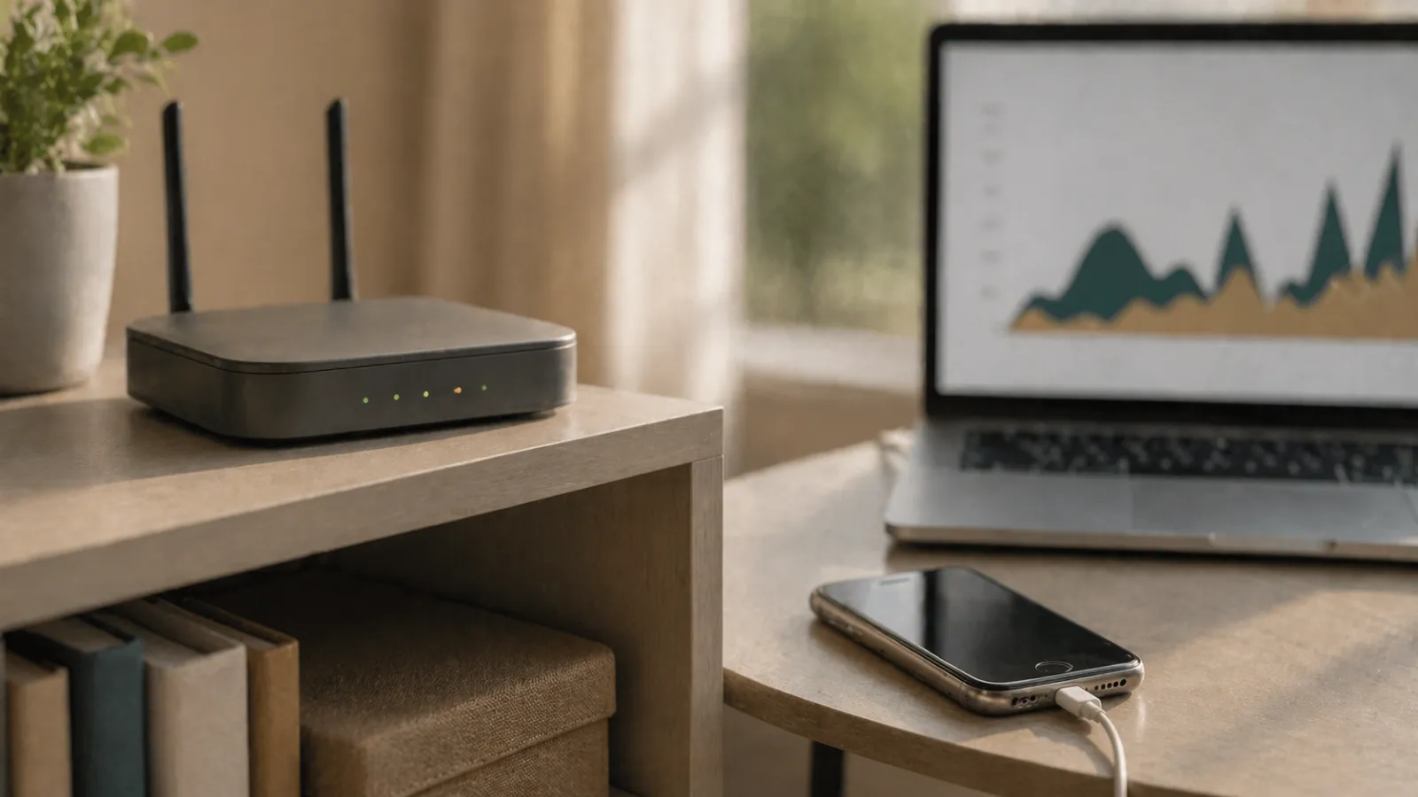 Router, smartphone inactivo y gráfico de tráfico que ilustran las aplicaciones de compartición de ancho de banda