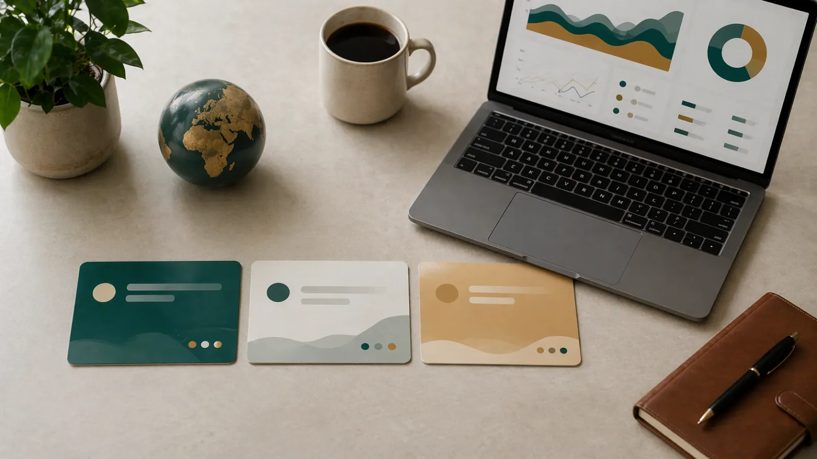 Tres tarjetas de cuenta de broker sobre un escritorio que simbolizan una configuración de apuestas con múltiples brokers