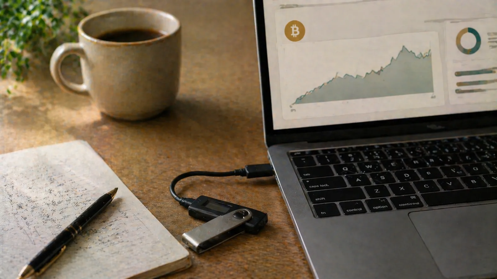 Monedero hardware conectado a un portátil que muestra el saldo en BTC para el fondo de apuestas