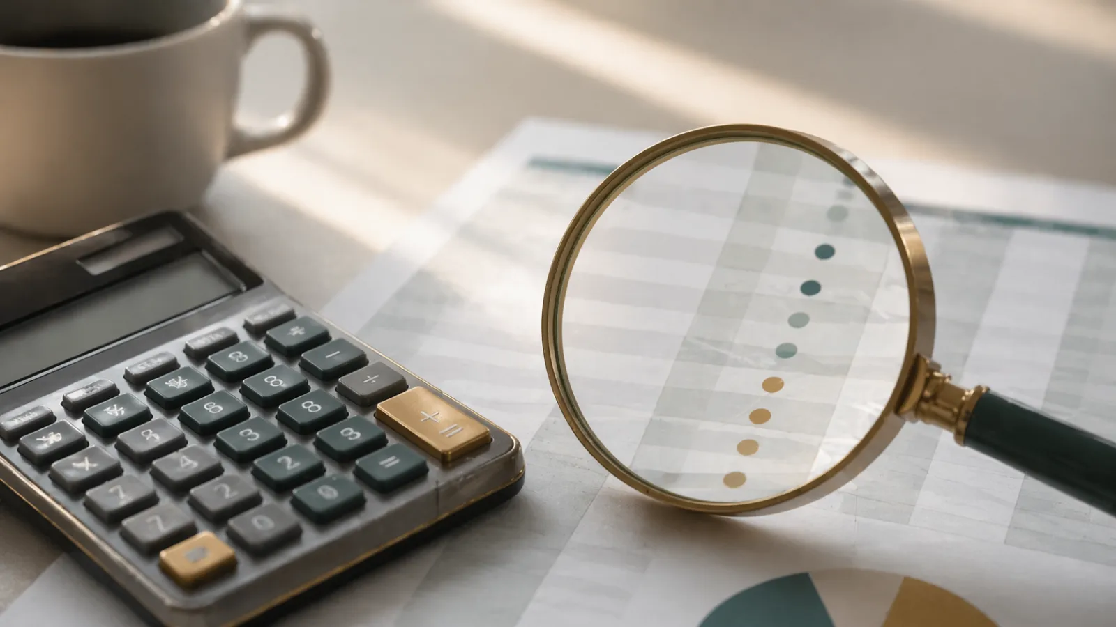 Calculadora y libro mayor bajo una lupa que ilustra el análisis de comisiones de broker