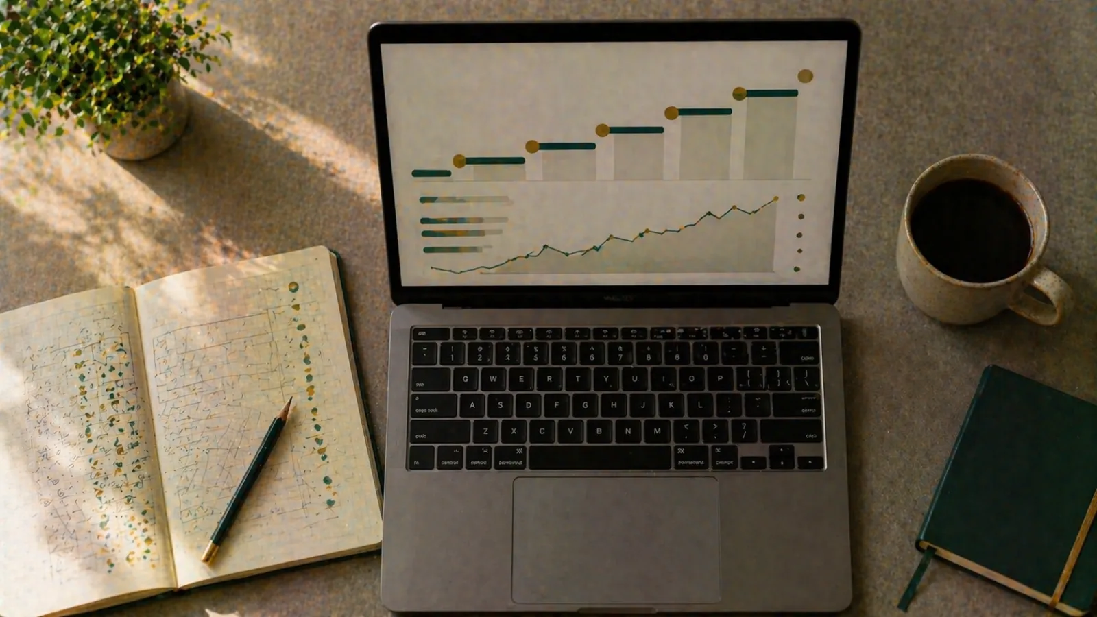Gráfico de escalera de reembolsos y cuaderno que muestra cómo maximizar los beneficios con brokers
