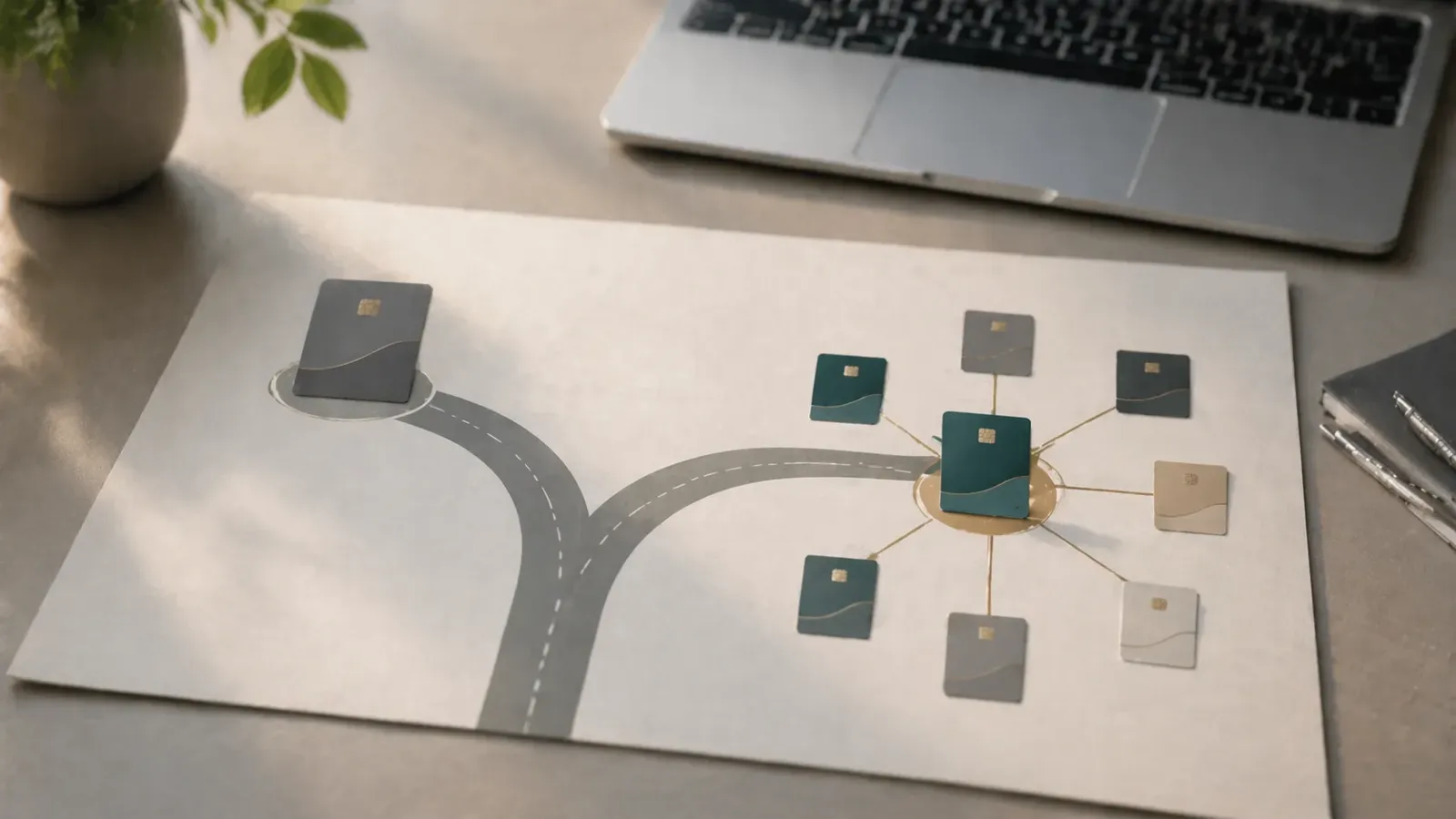 Camino bifurcado entre una cuenta directa y un hub de broker conectado a múltiples cuentas