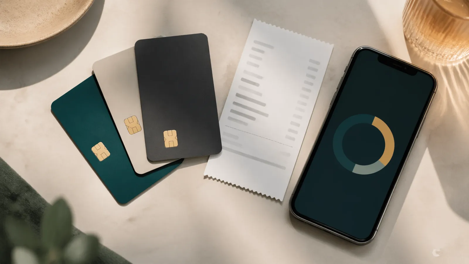 Tres tarjetas genéricas, recibo y anillo de cashback que ilustran la acumulación de reembolsos