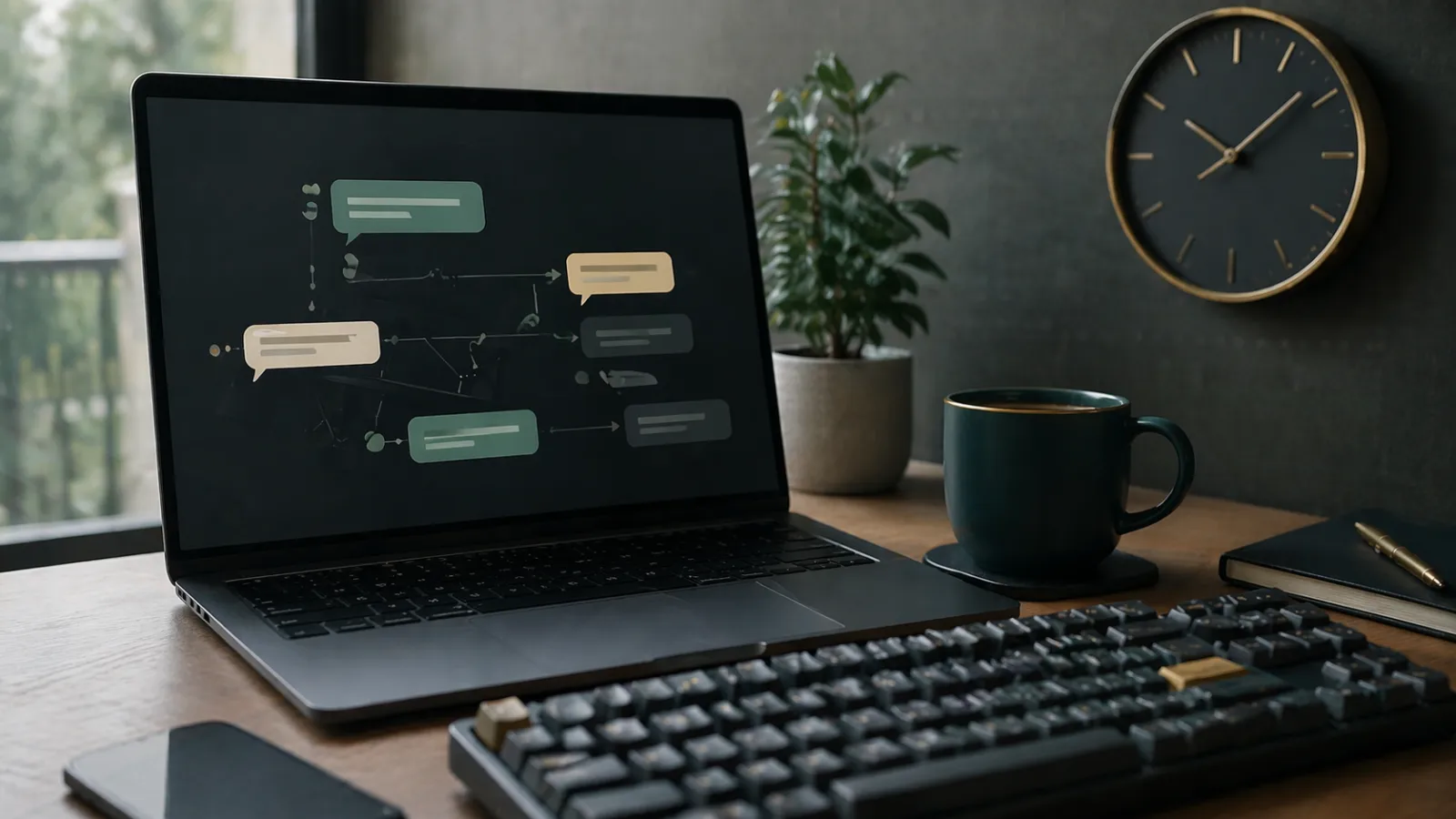 Portátil con diagrama de flujo de chat que representa la construcción de suscripción a chatbot de IA en un fin de semana