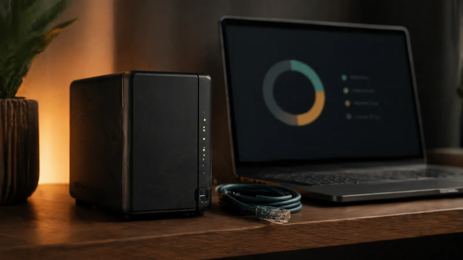 Unidad NAS doméstica y anillo de capacidad de almacenamiento que ilustra el alquiler de espacio en disco