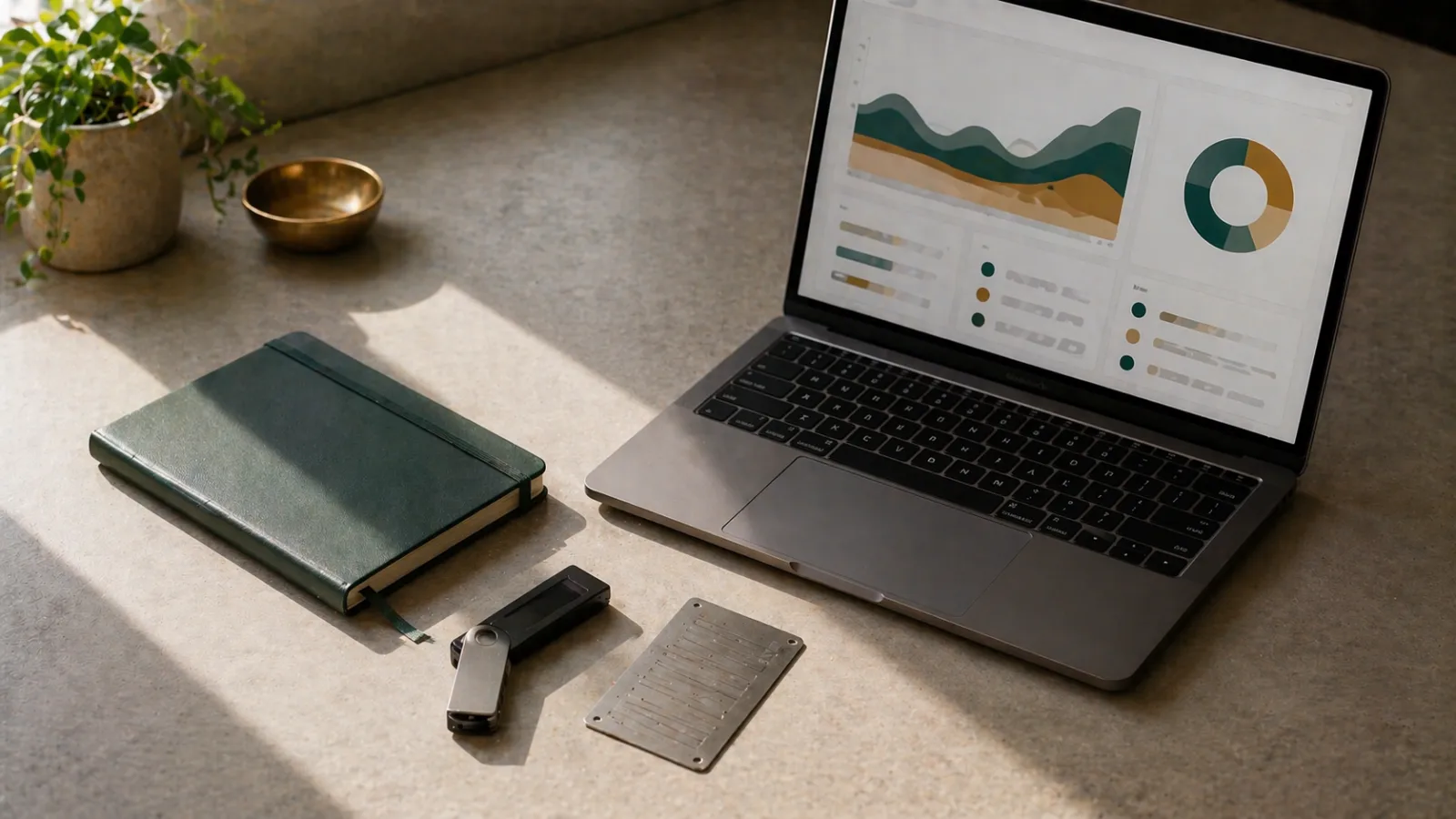 Monedero hardware, placa de seguridad de acero y gráfico de cartera que representan una práctica cripto cuidadosa