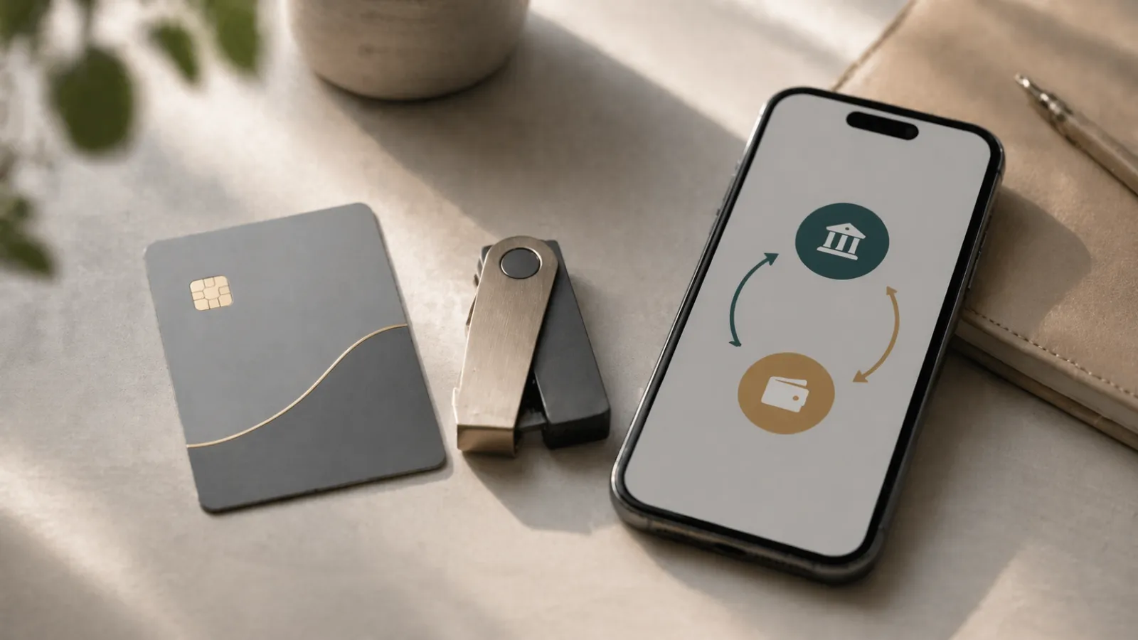Tarjeta bancaria, monedero hardware y teléfono que muestran los flujos de depósito y retirada