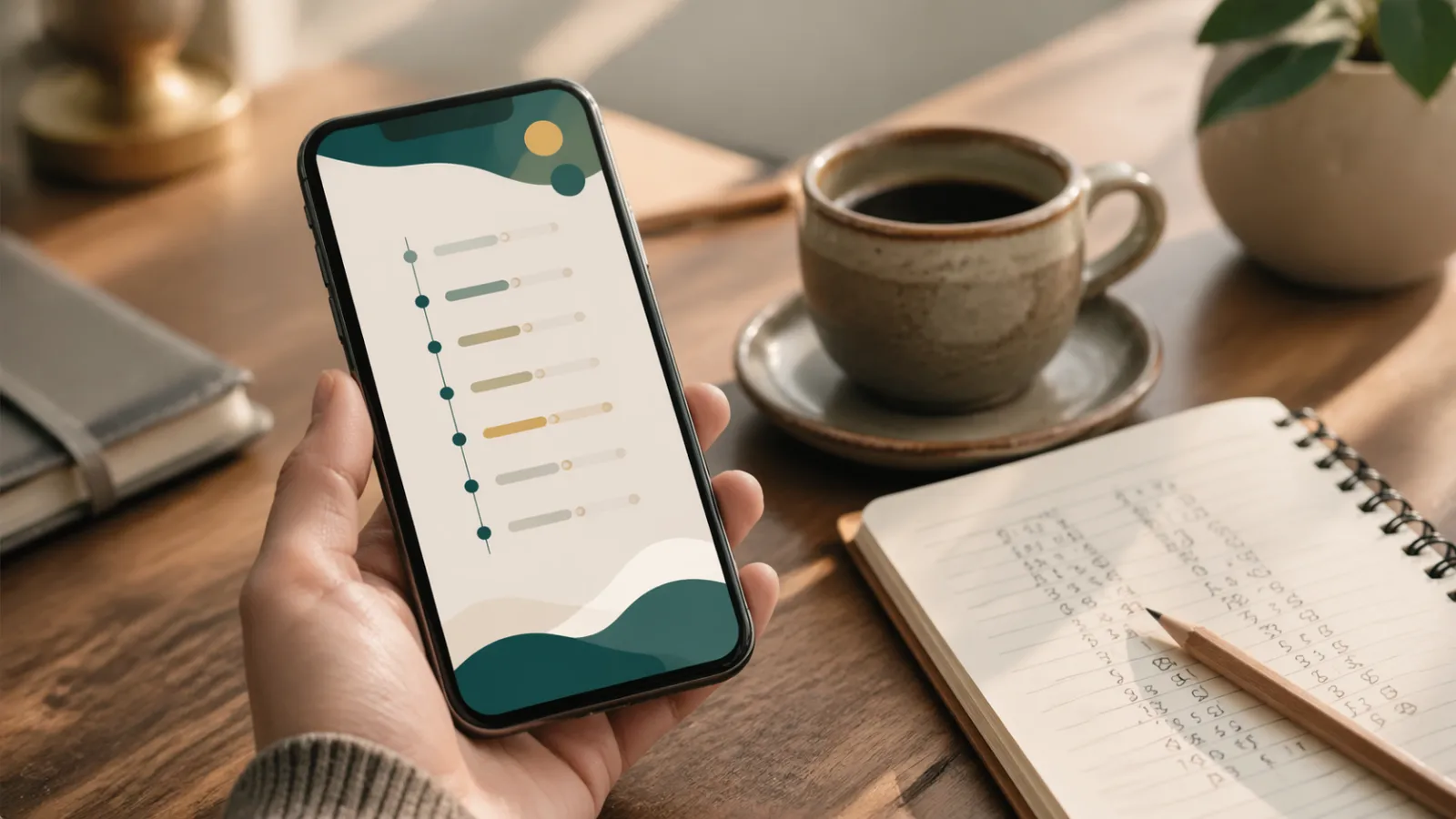 Teléfono con línea de tiempo de dividendos junto a un cuaderno con cálculos