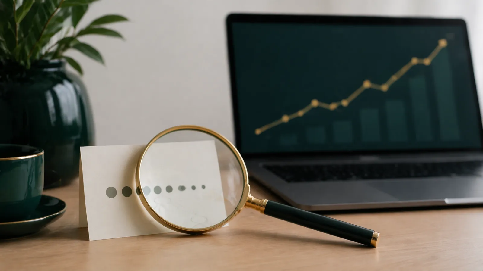 Tarjeta de papel bajo una lupa con una curva de ventas que representa el flipping de dominios