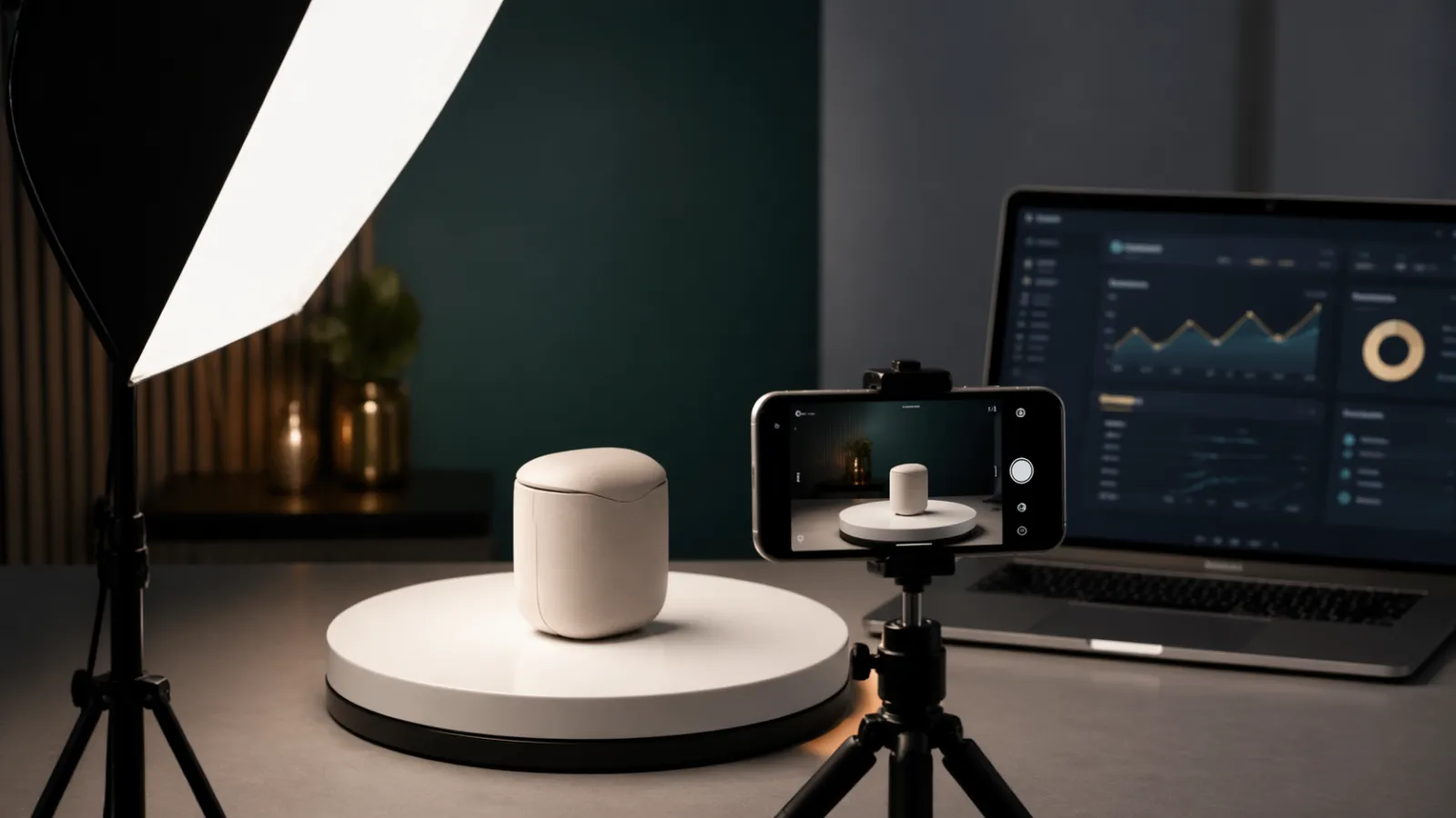 Mini estudio de fotografía de producto con teléfono y panel de anuncios que representa el dropshipping en la era post-TikTok