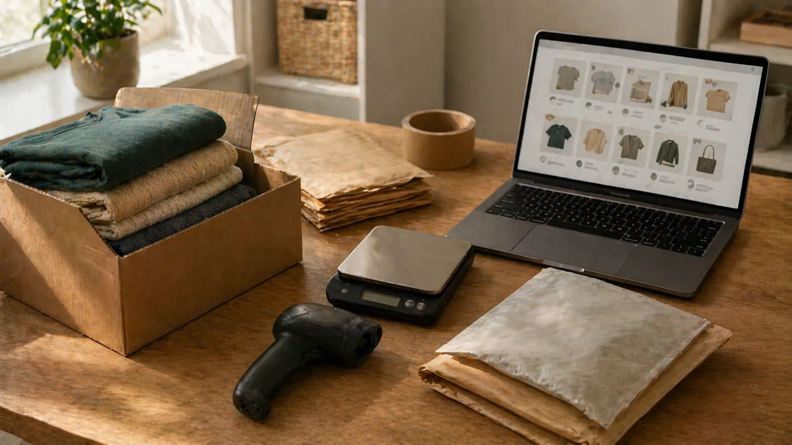 Rincón de empaquetado con sobres, báscula y portátil de listados que representan la reventa y el flipping