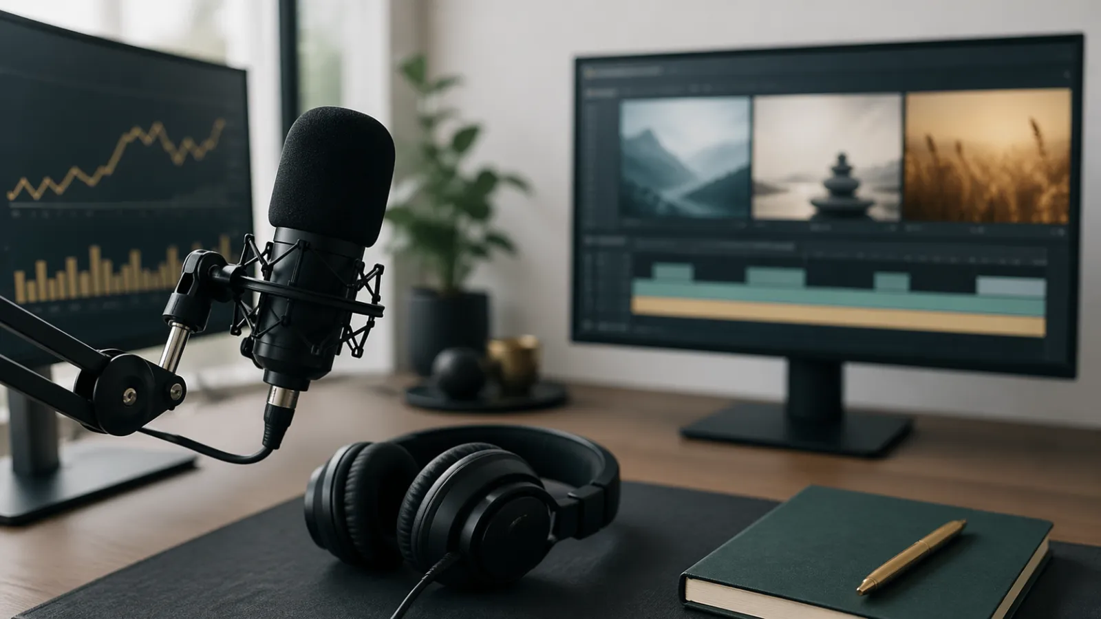 Micrófono y línea de tiempo de vídeo que representan el flujo de trabajo de un canal de YouTube de IA sin rostro