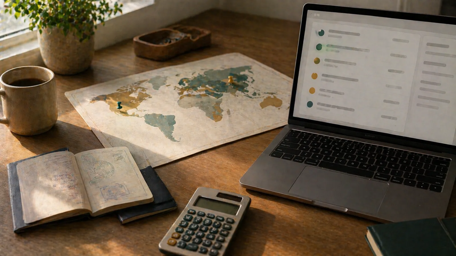 Pasaporte, mapa y lista de cuentas que muestran opciones de brokers de apuestas en el extranjero