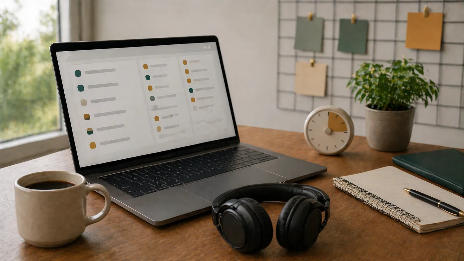 Escritorio freelance con auriculares, temporizador y cola de tareas que ilustra el trabajo de microtareas