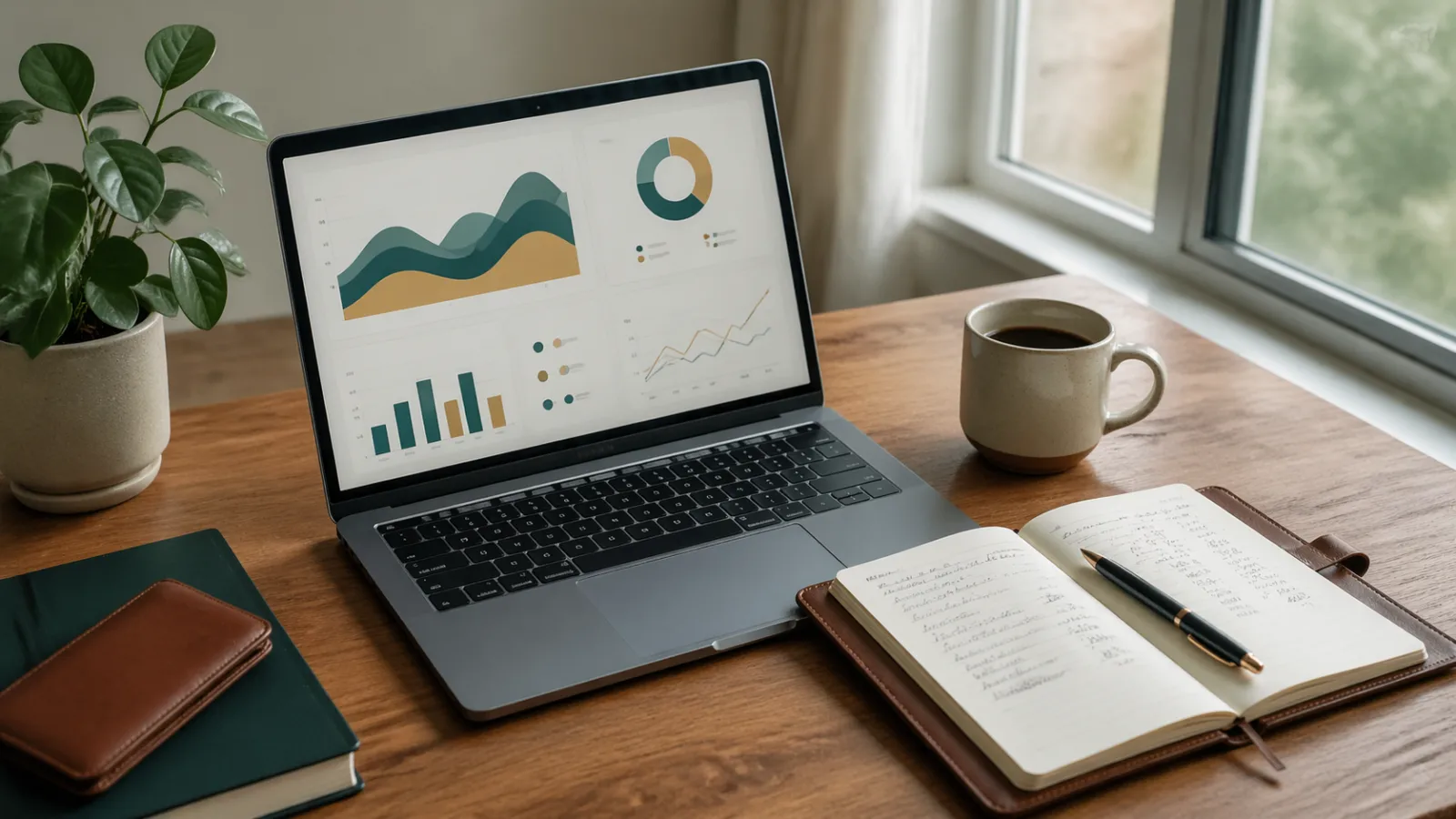 Calm home workspace with laptop, notebook and coffee illustrating real-stakes online income tests