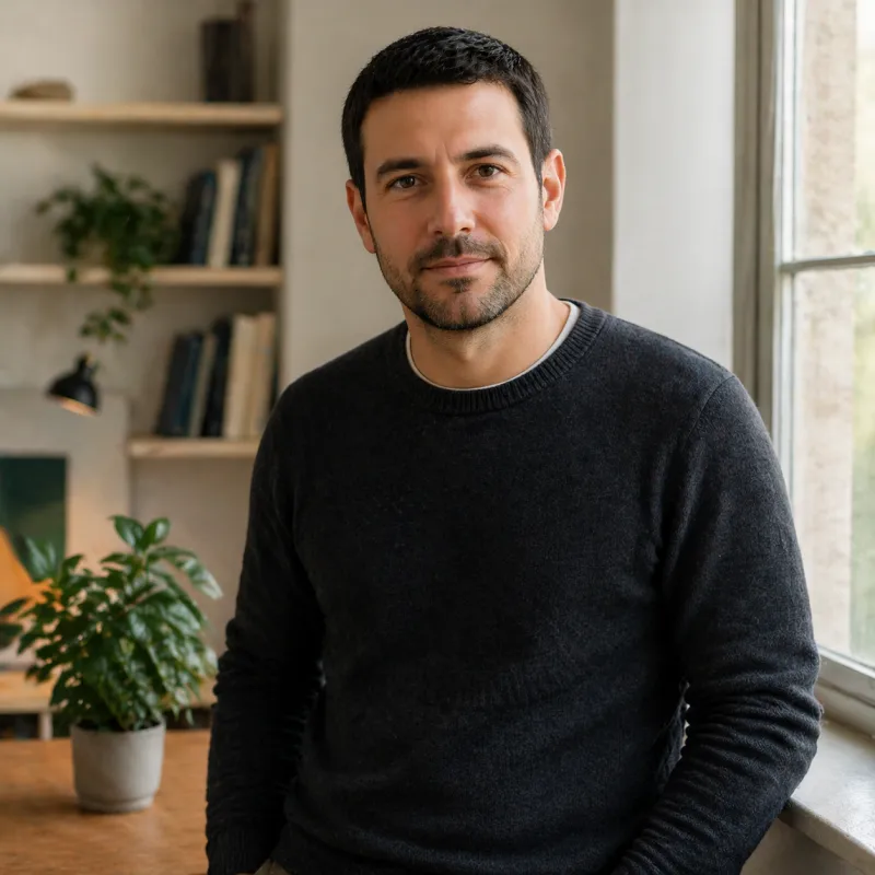 Retrato de tres cuartos de John, autor de RELI Journal, en un espacio de trabajo tranquilo con luz natural