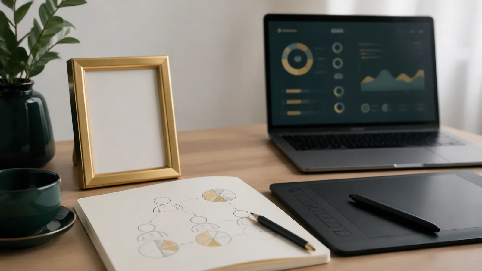 Marco vacío, tableta gráfica y diagrama de regalías que representan las regalías NFT para creadores