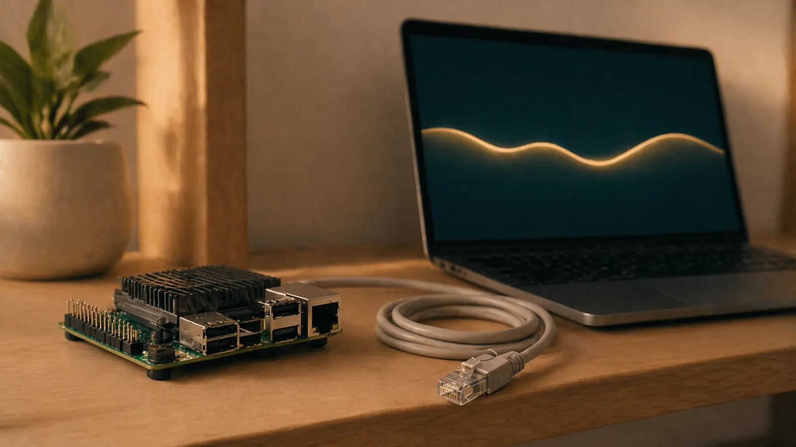 Pequeño ordenador de placa única y cinta de tiempo de actividad que representa la ejecución de un nodo doméstico