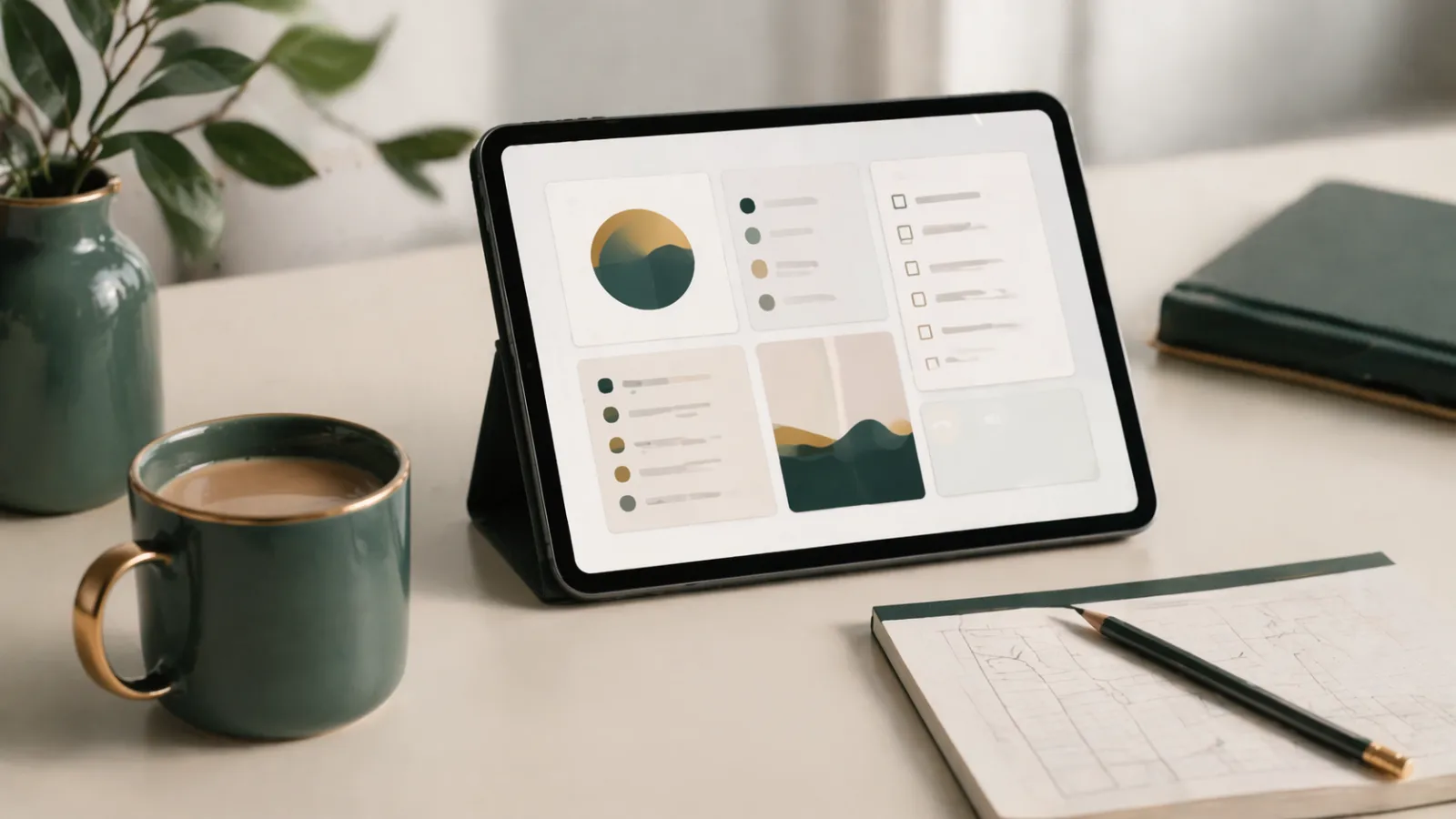 Tableta con espacio de trabajo de tarjetas y bloques que representa una tienda de plantillas de Notion