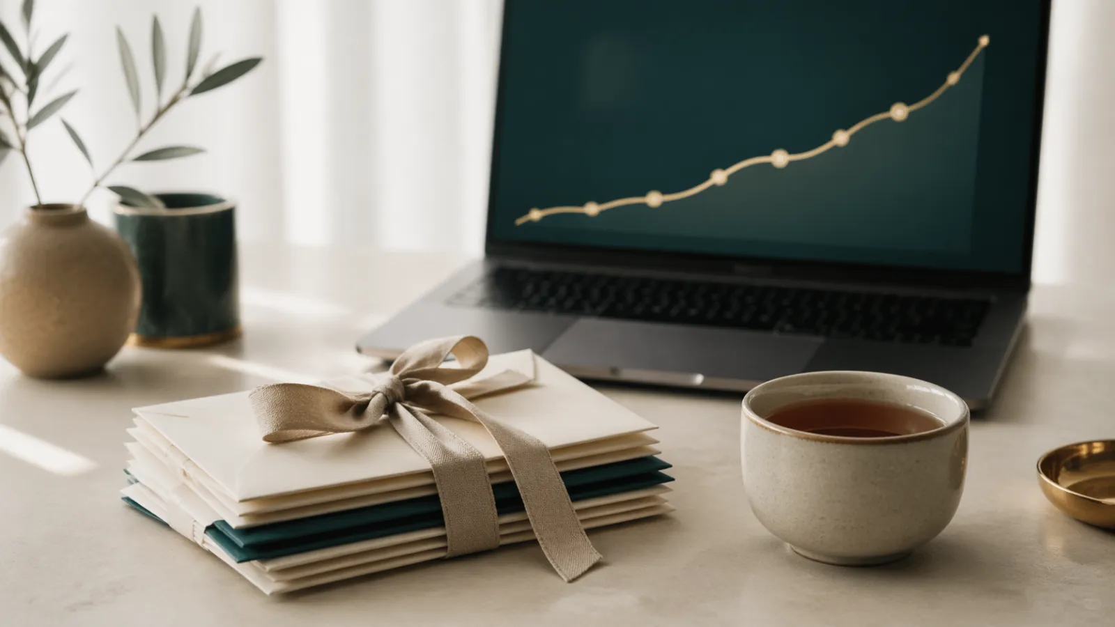 Pila de sobres y curva de crecimiento de suscriptores que representan un boletín de pago