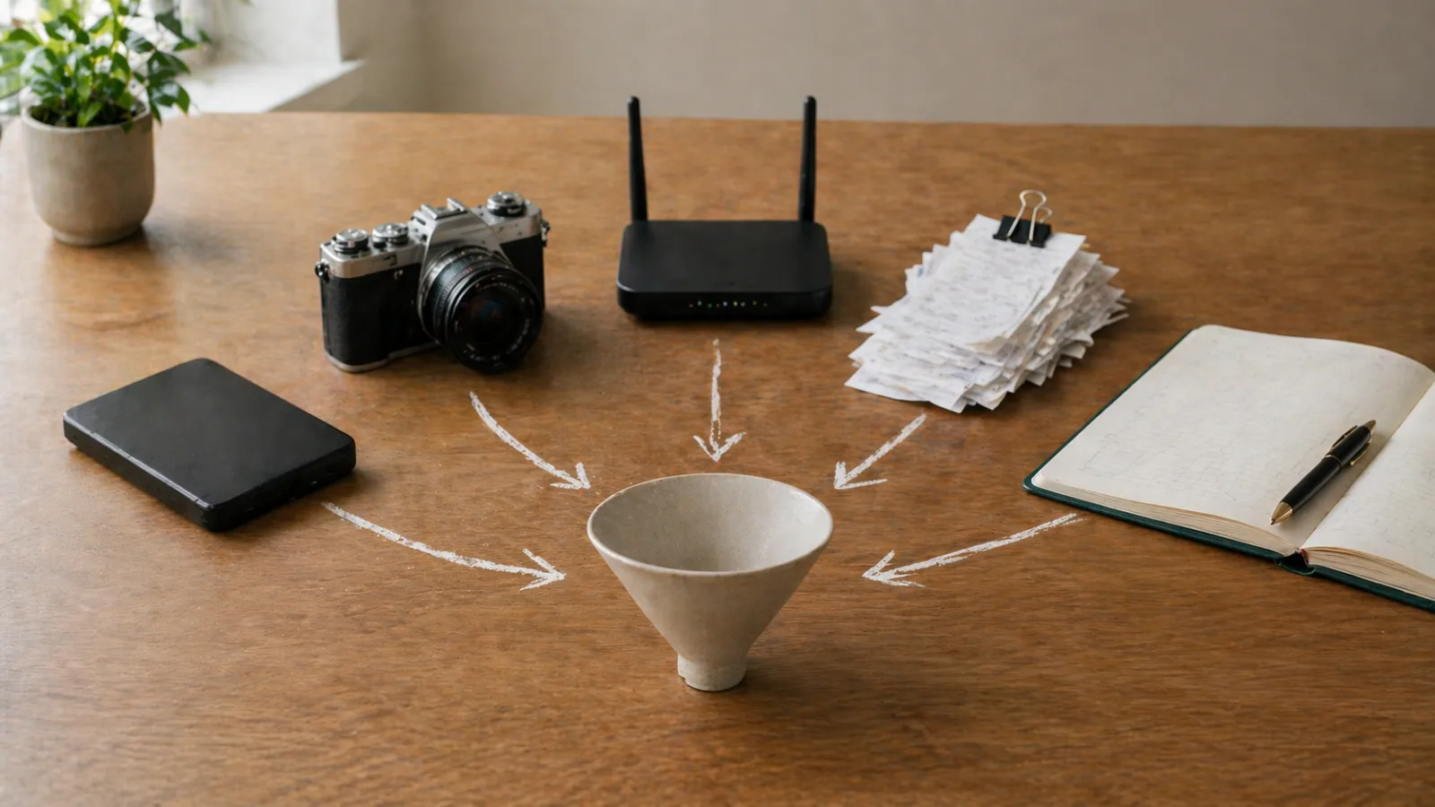 Pequeños dispositivos y un libro mayor que representan múltiples fuentes modestas de ingresos pasivos