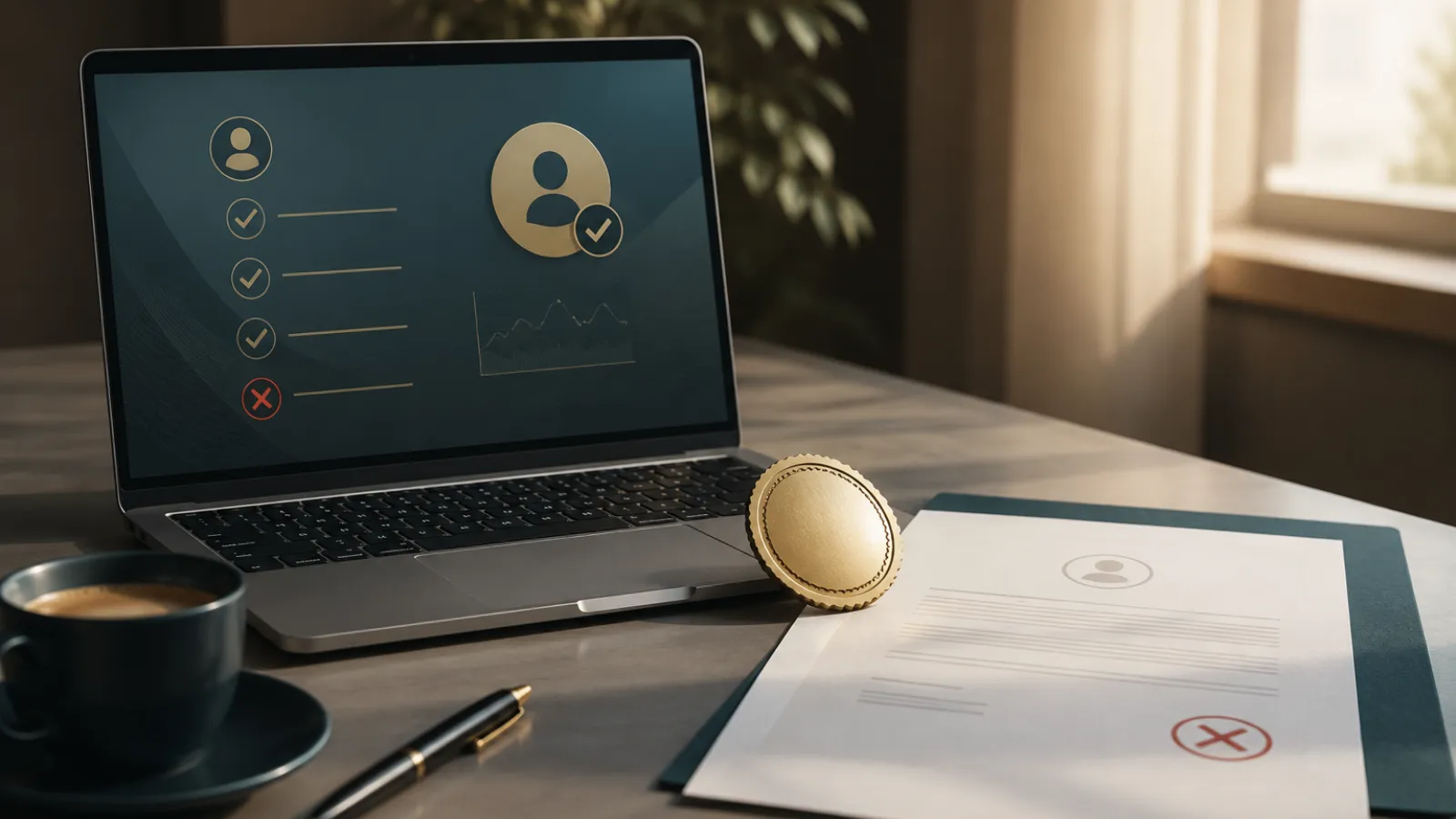 Desk with a face-down trust medallion and a declined application letter, illustrating a refused certification