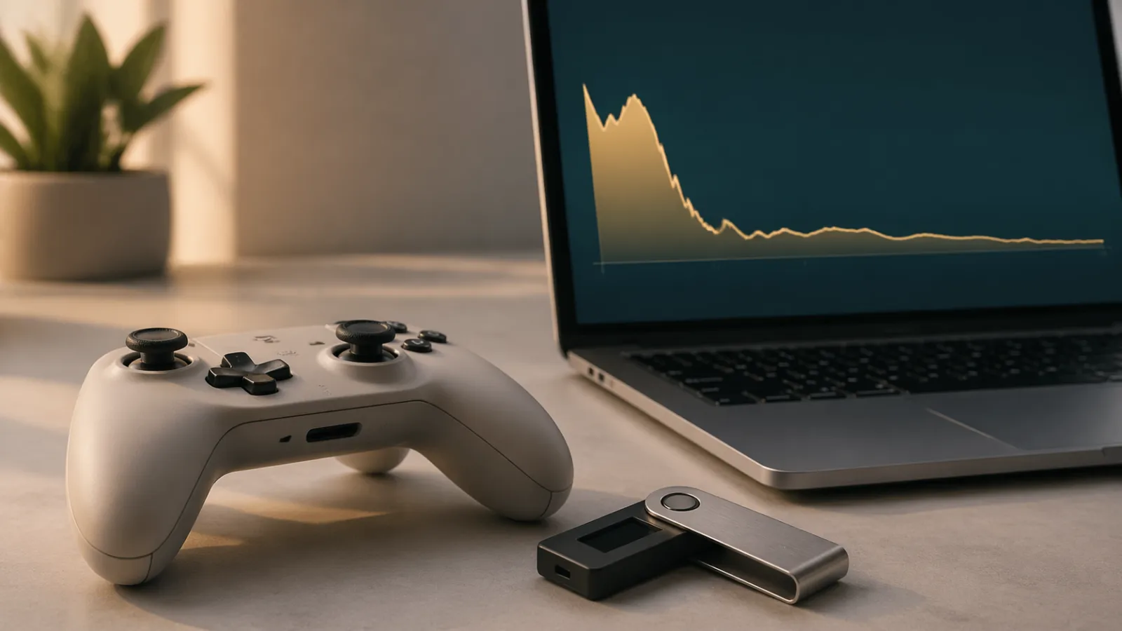 Mando de juego, monedero hardware y gráfico de sesión que representan la realidad del play-to-earn