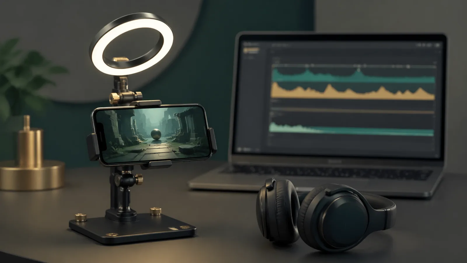 Teléfono en soporte de mesa con auriculares y línea de tiempo de sesión para pruebas de juegos móviles