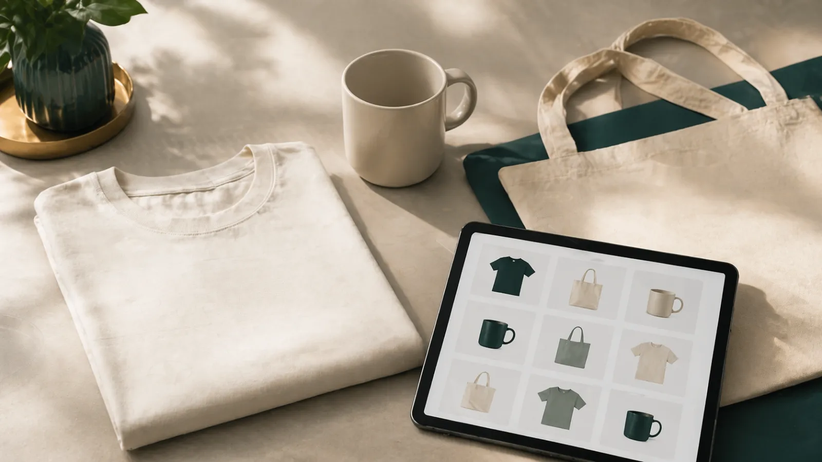 Camiseta, taza y bolsa en blanco con cuadrícula de producto que representan la impresión bajo demanda de nicho