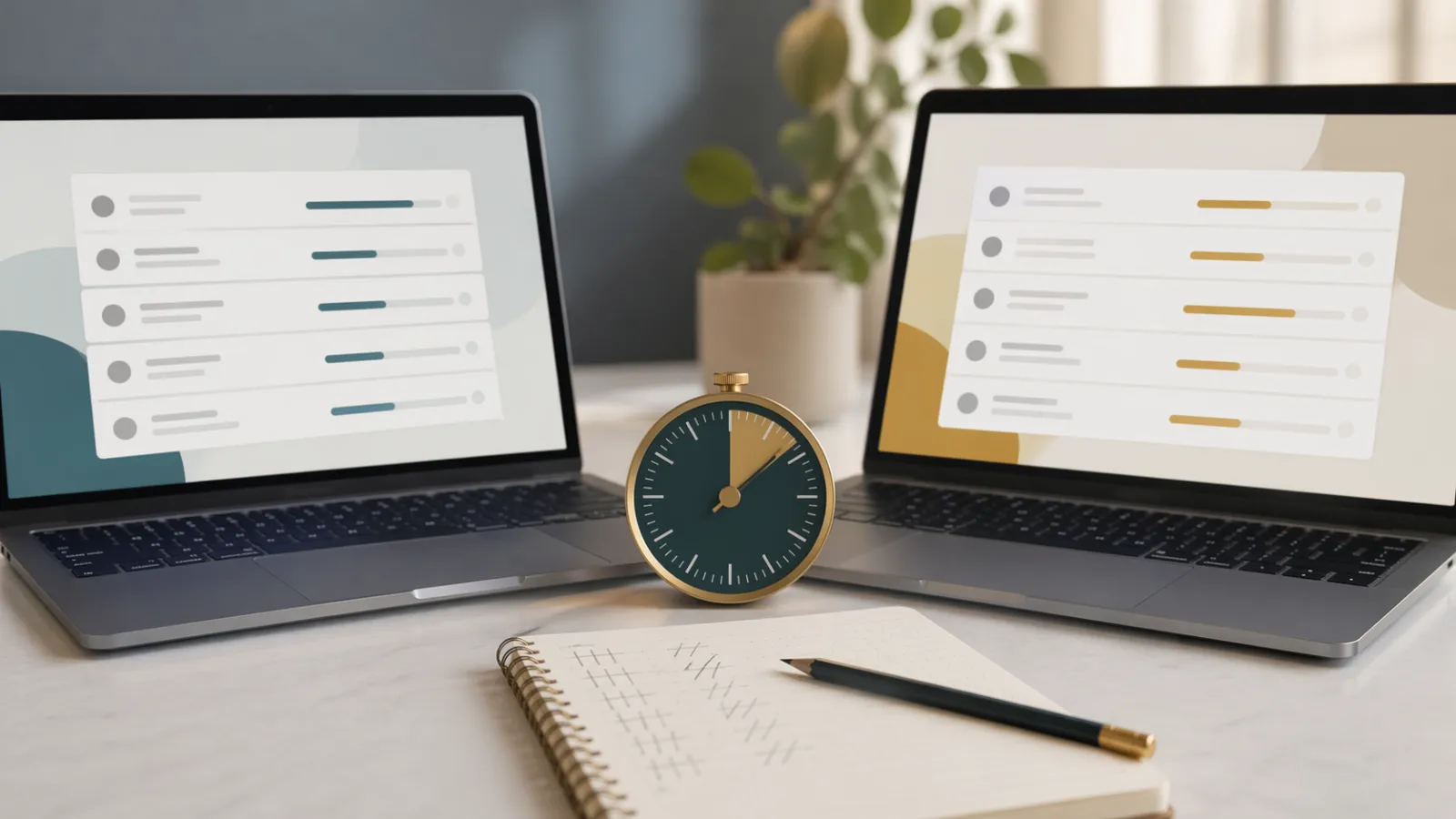 Dos portátiles con colas de tareas y un temporizador comparando las tarifas por hora de Prolific y Userlytics