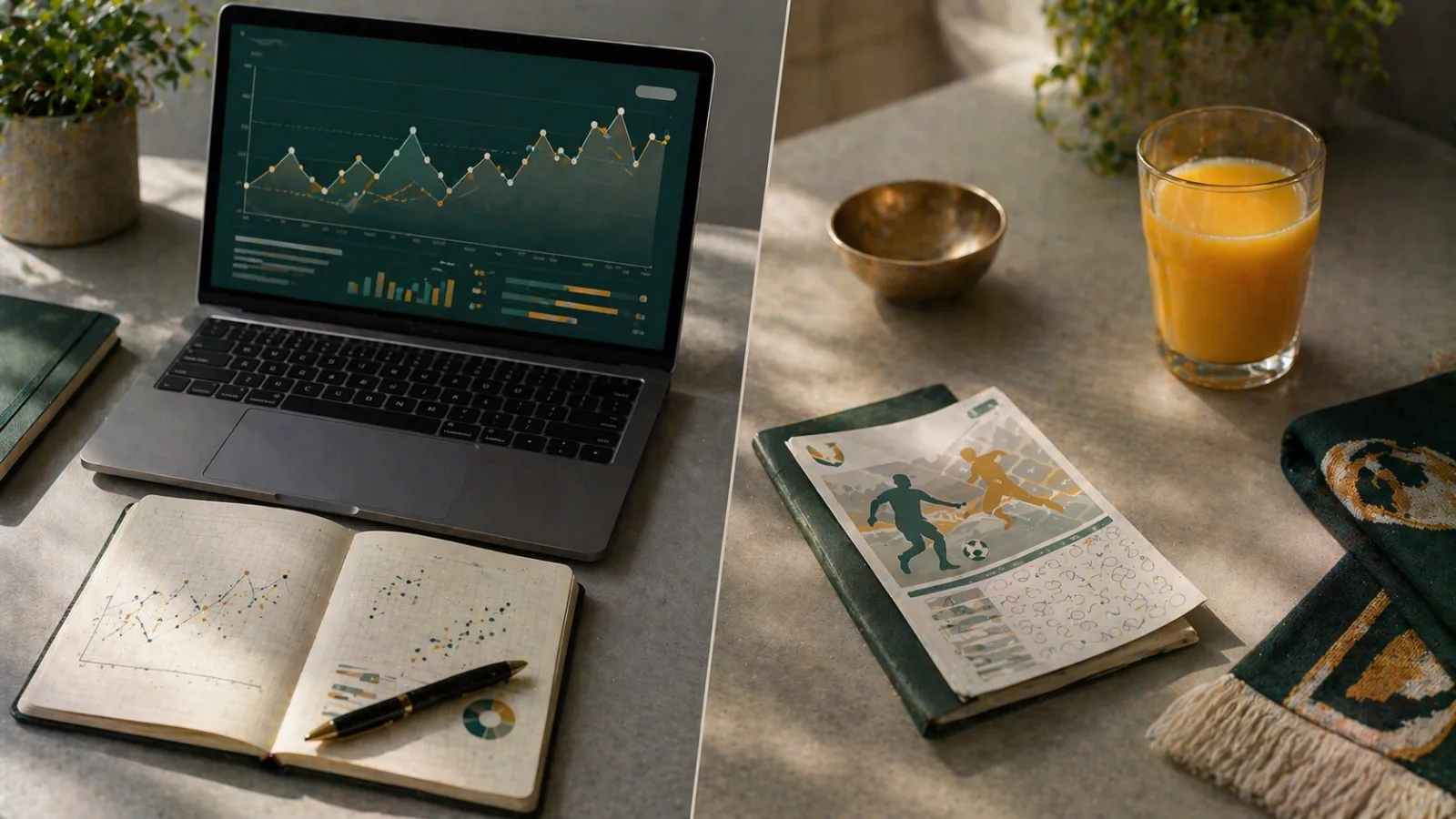 Escritorio dividido que contrasta los estilos de casas de apuestas analíticas y recreativas