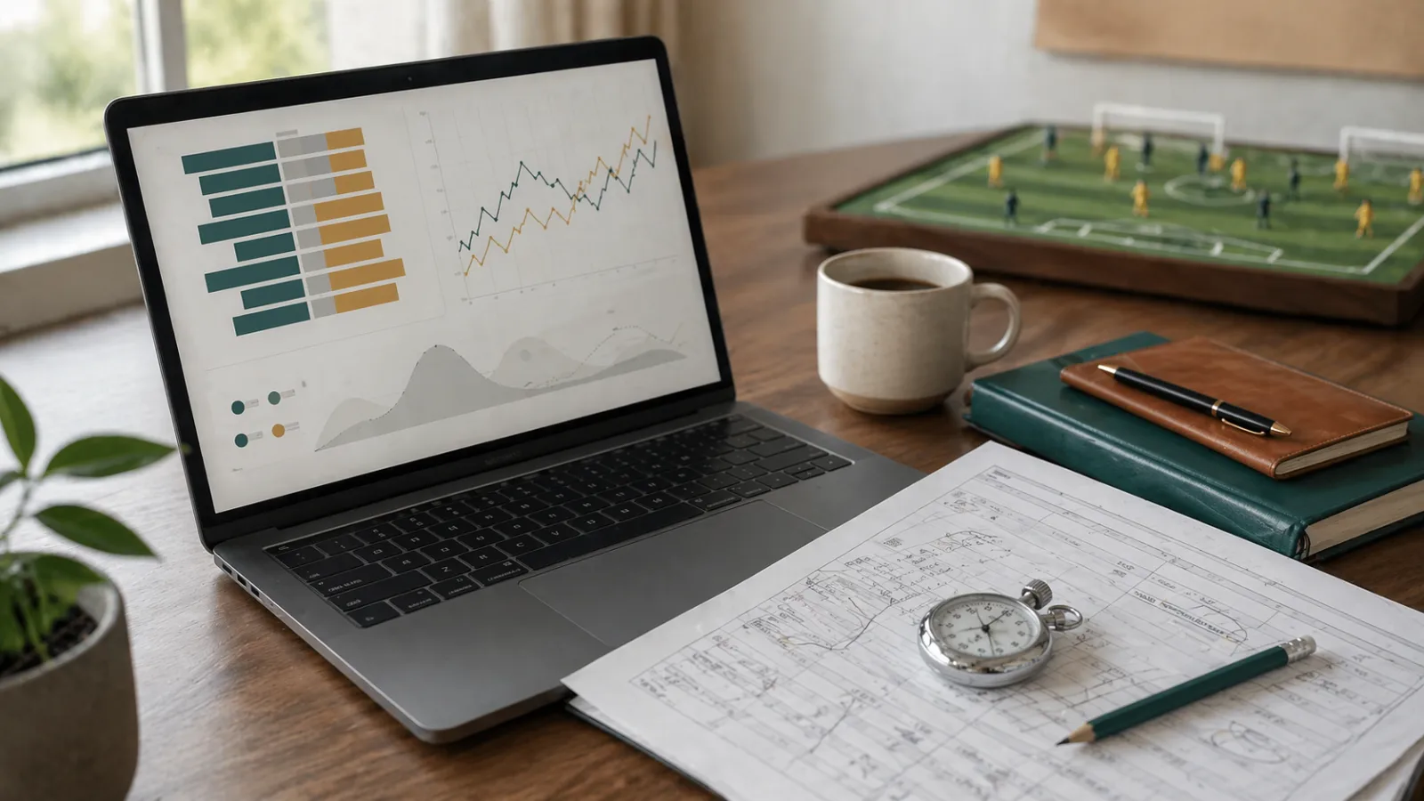 Espacio de trabajo analítico con escalera de cuotas, hoja de cálculo y notas que representan apuestas deportivas disciplinadas