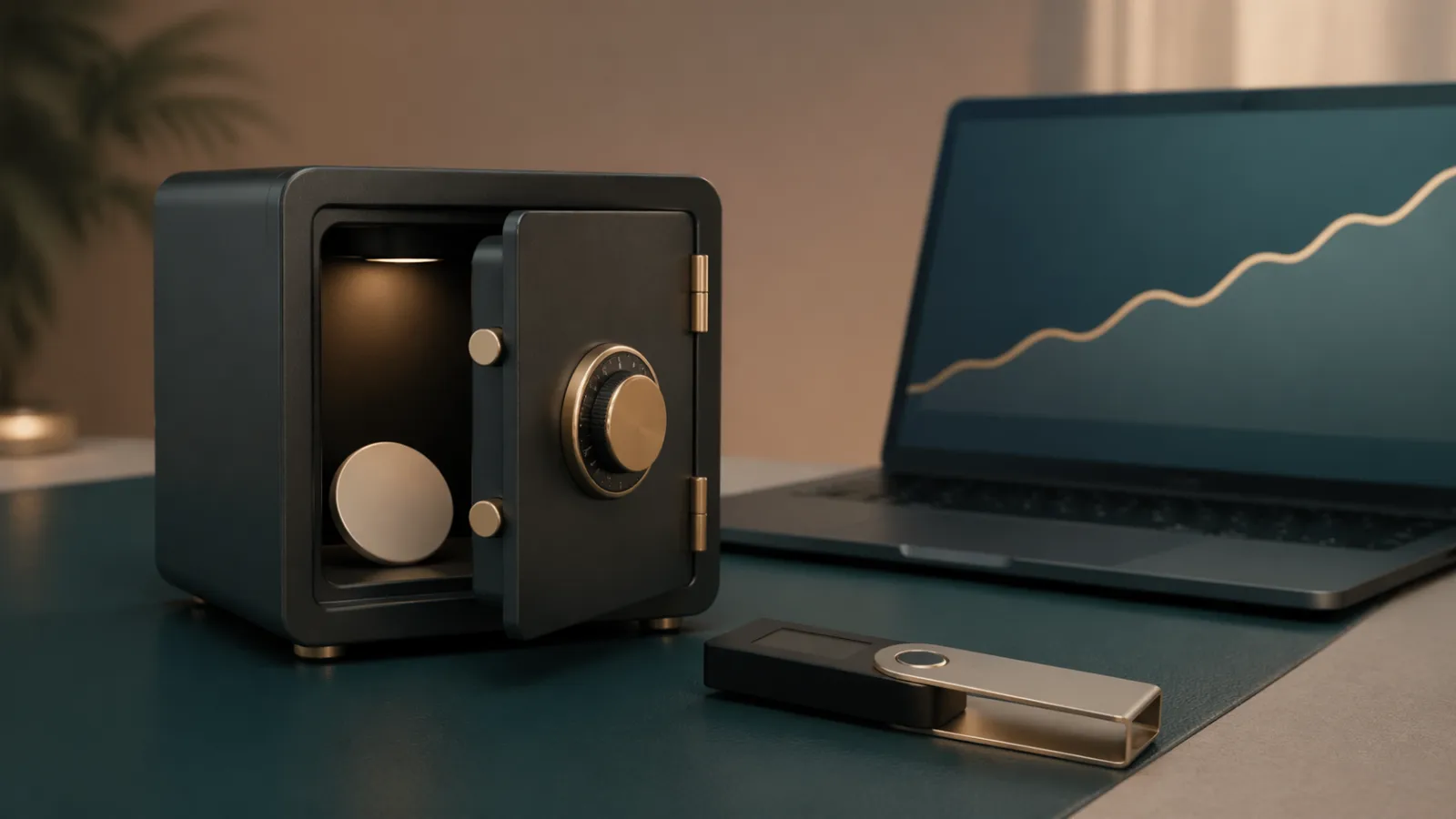 Pequeña caja fuerte, monedero hardware y línea de rendimiento estable que representan la disciplina de rendimiento en stablecoins