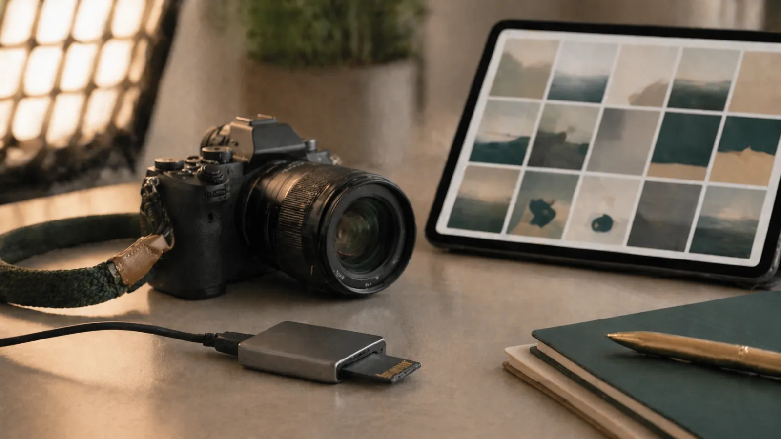 Cámara, lector de tarjetas SD y cuadrícula de contactos que representan la venta de fotos de stock e imágenes IA