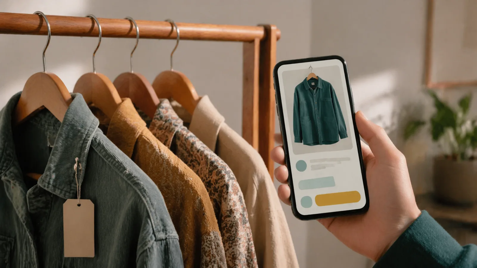 Perchero de segunda mano con prendas vintage y tarjeta de listado en el teléfono para reventa