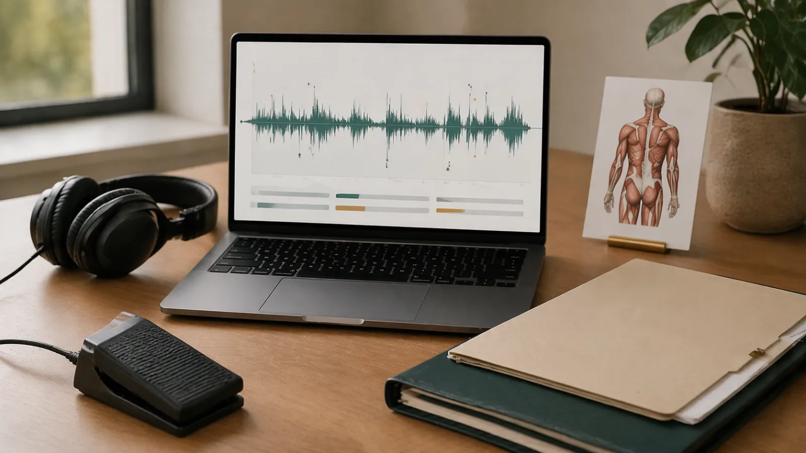 Auriculares, pedal de pie y forma de onda que representan la transcripción médica y legal